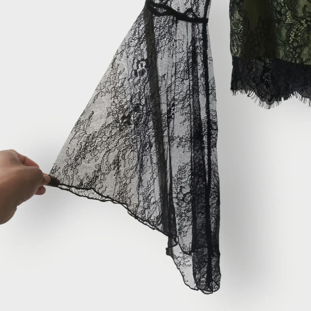 Cider Green Black Lace Flare Long Bell Sleeve Crop Top Fairycore Goth Large - Picture 5 of 12